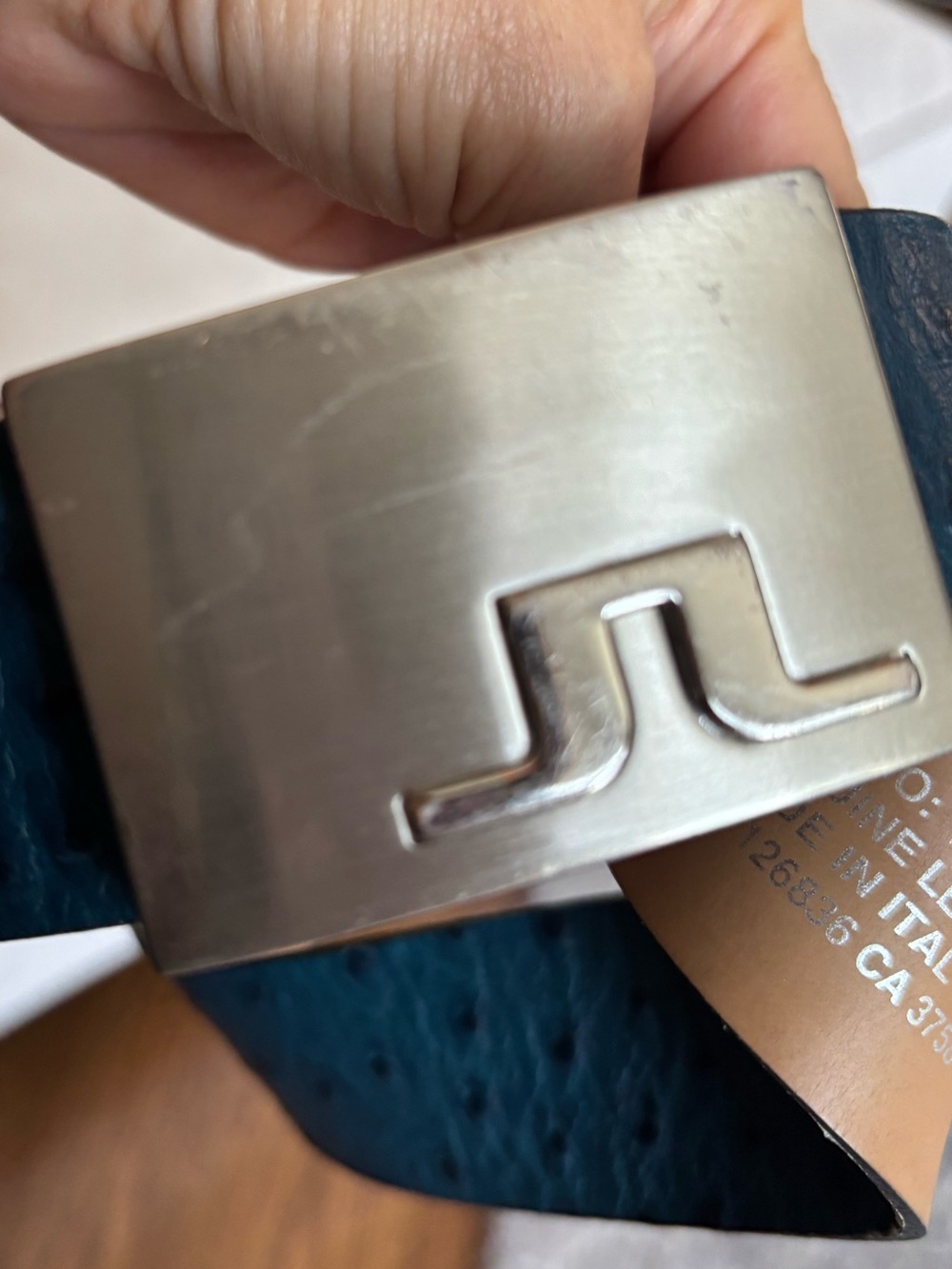J. Lindeberg blue ostrich Leather Belt with Silver Logo Buckle in 32